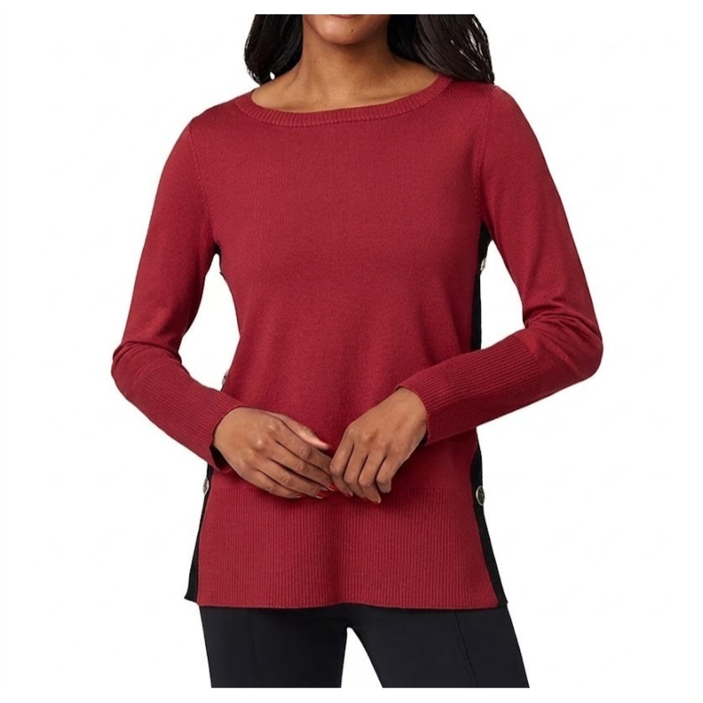 Melissa Paige Women's Contrast-Trim Side-Button Tunic Sweater Size L